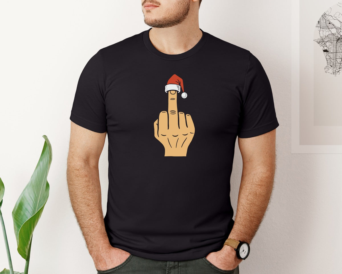 brand:Bella Canvas|color:Black|Naughty Christmas Middle Finger Rude Graphic T-Shirt