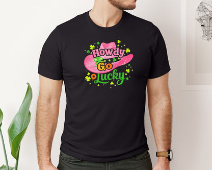 brand:Bella Canvas|color:Black|Howdy Go Lucky Western St Patricks 3 Graphic T-Shirt