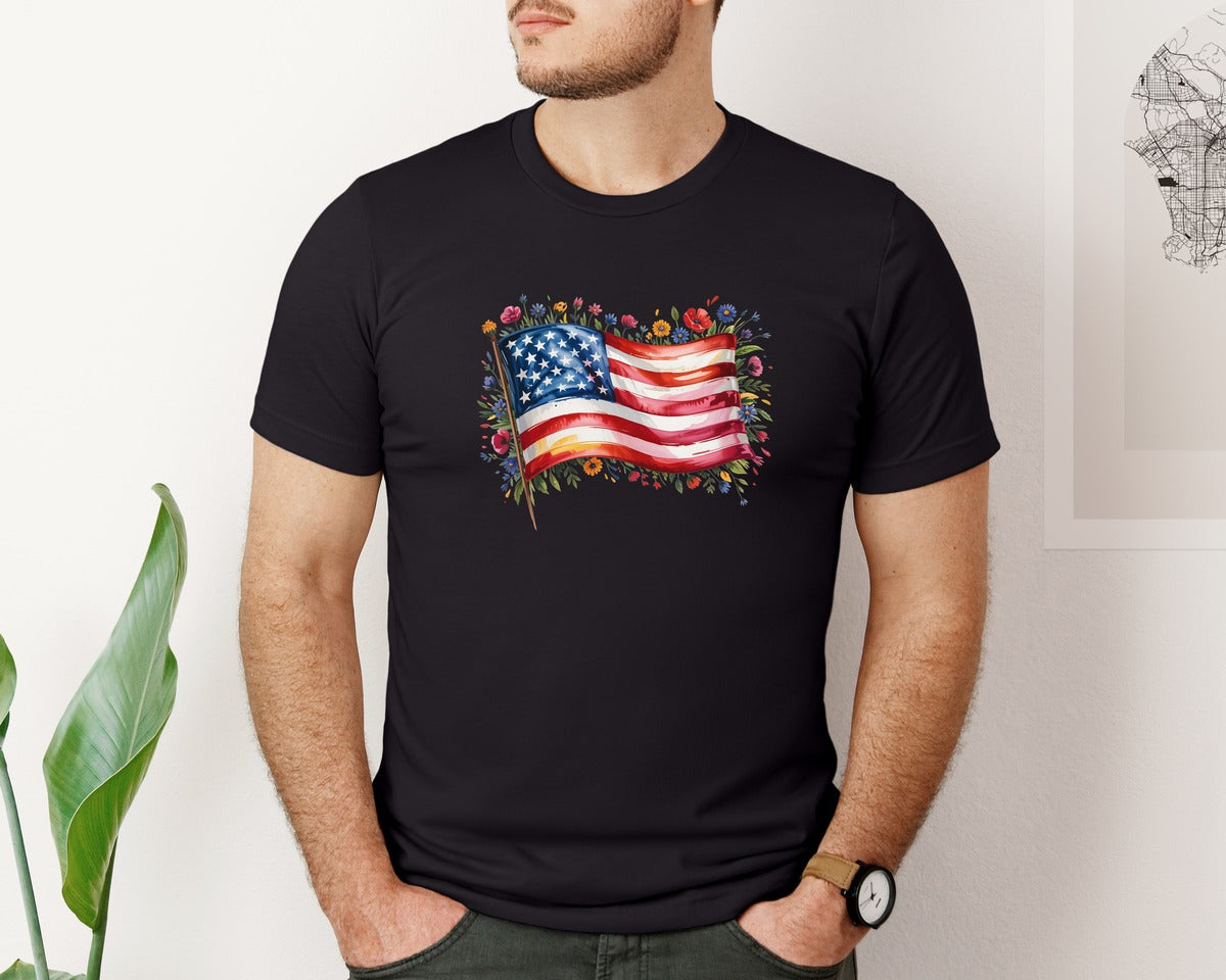 brand:Bella Canvas|color:Black|American Flag Floral Patriotic Wild 2 Graphic T-Shirt