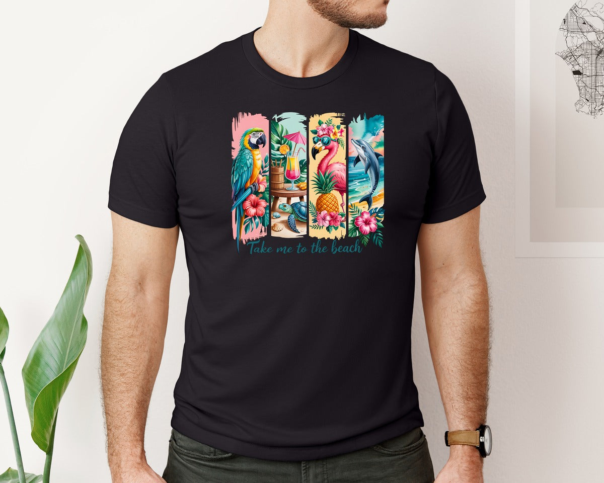 brand:Bella Canvas|color:Black|Take Me Beach Tropical Animals Dtf Graphic T-Shirt