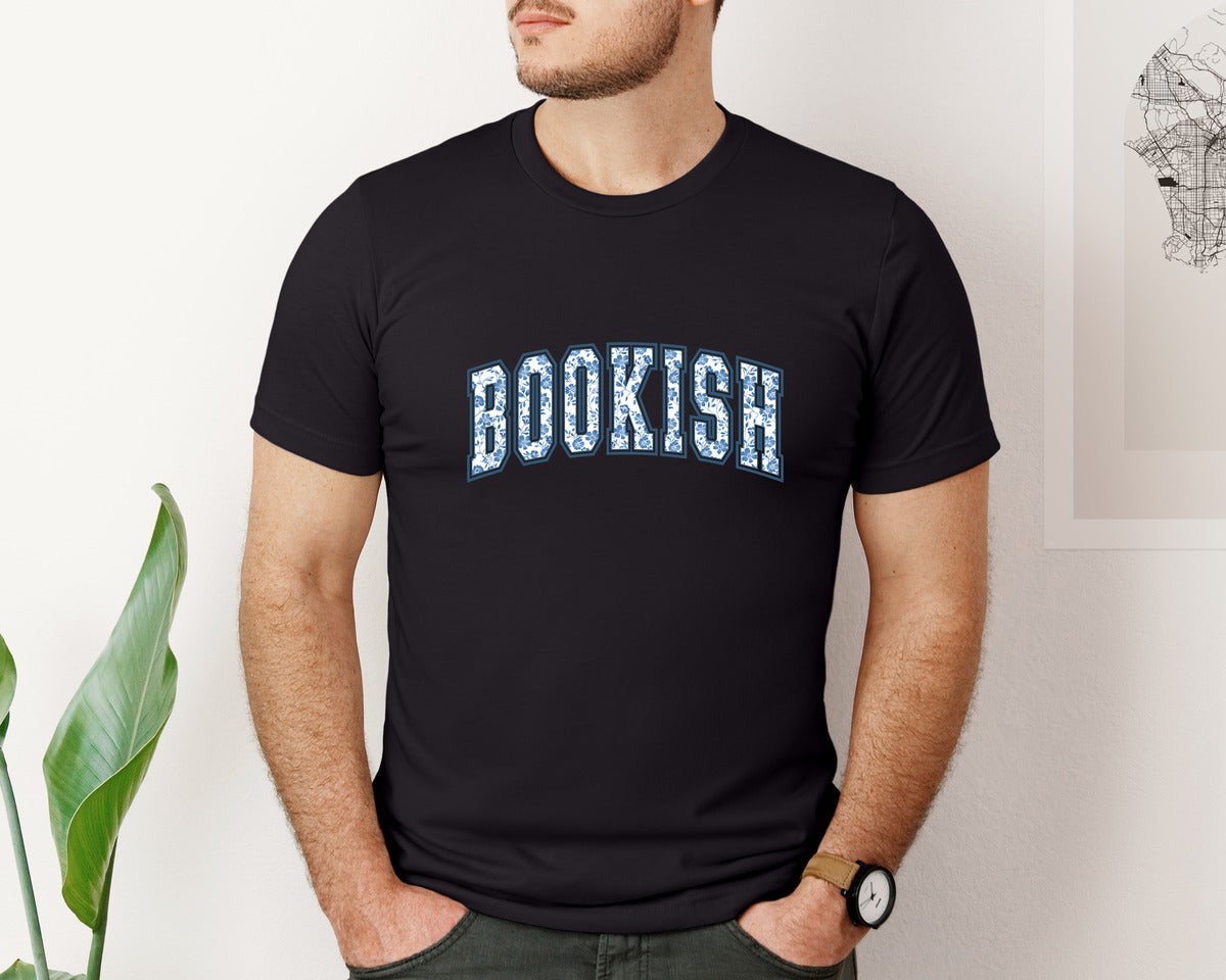 brand:Bella Canvas|color:Black|Bookish Toile Floral Blue Book Lover Graphic T-Shirt