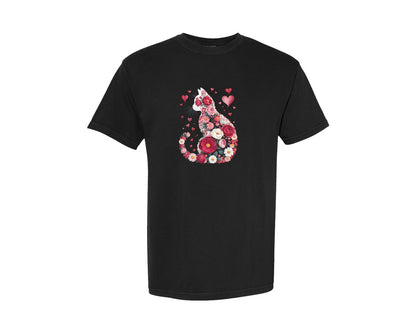 brand:Comfort Colors|color:Black|Valentine Floral Cat Illustration Graphic T-Shirt