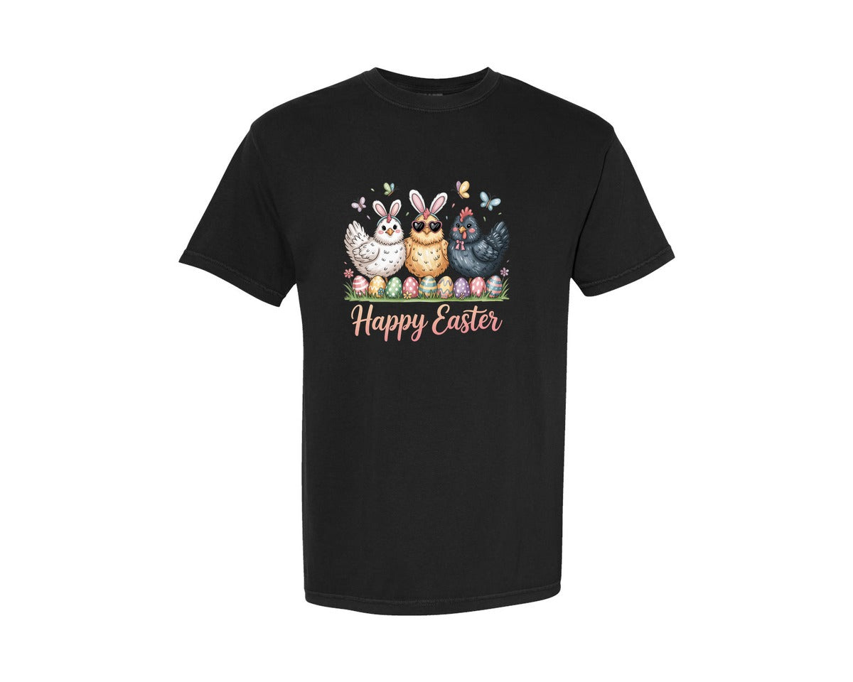 brand:Comfort Colors|color:Black|Happy Easter Day Chicken Bunny Graphic T-Shirt