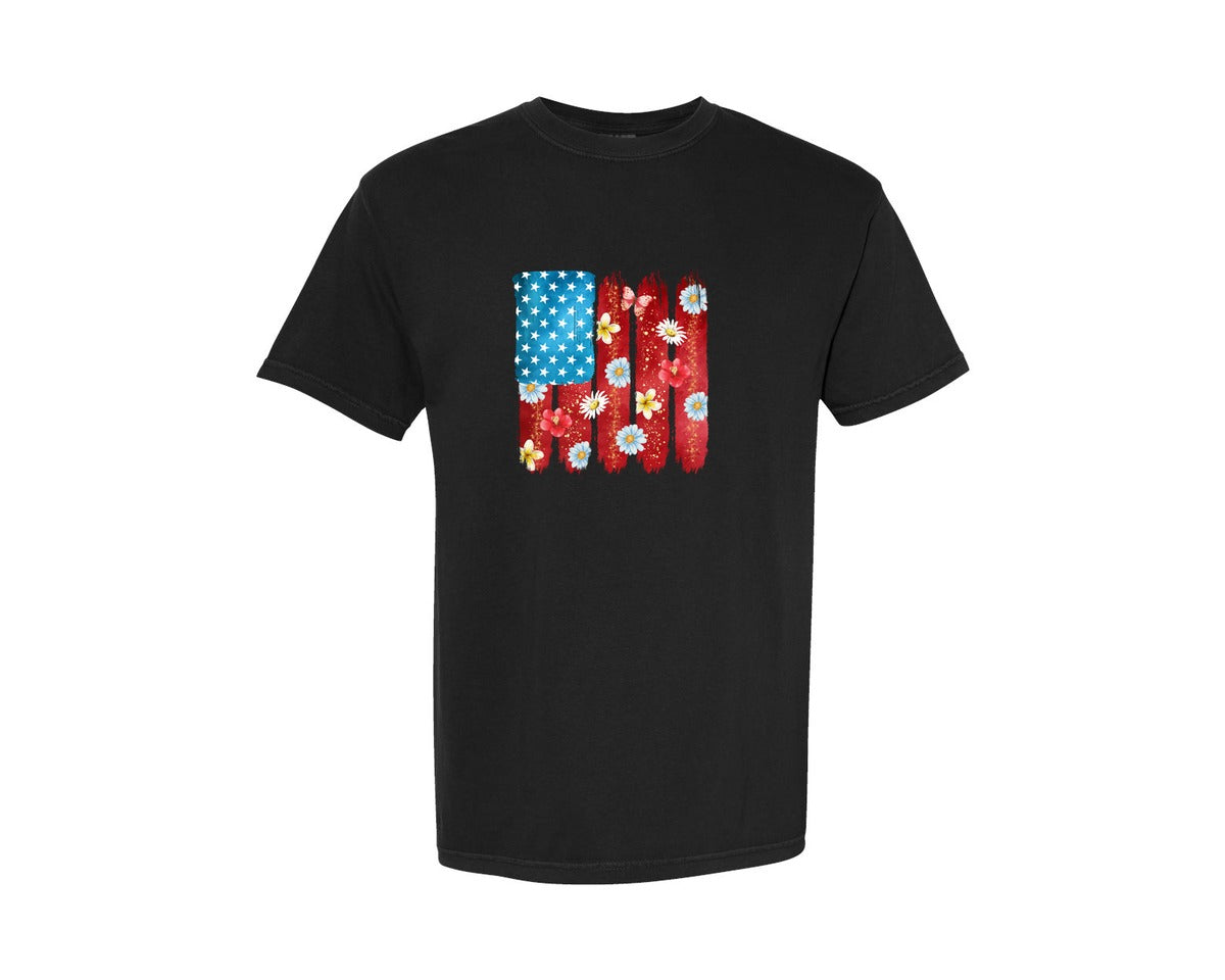 brand:Comfort Colors|color:Black|Floral American Flag 4Th Of July 4 Graphic T-Shirt