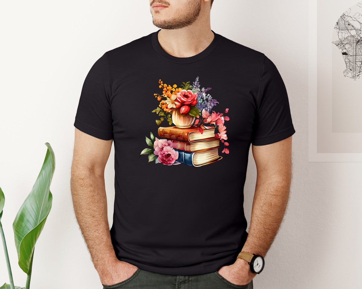 brand:Bella Canvas|color:Black|Books Flowers T Shirt Graphic T-Shirt