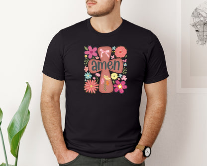 brand:Bella Canvas|color:Black|Boho Floral Amen Christian Graphic T-Shirt