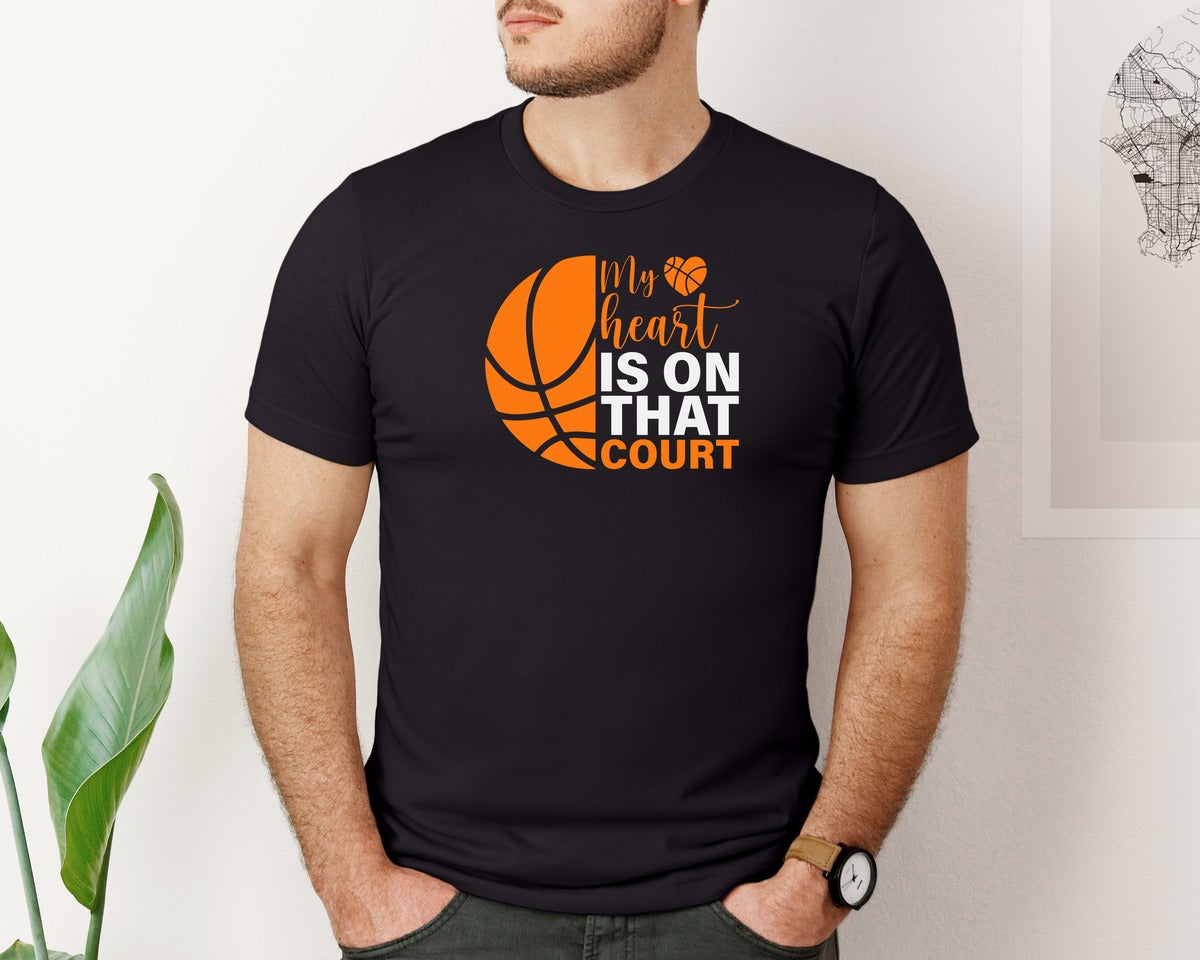 brand:Bella Canvas|color:Black|My Heart Is On That Court Basketball 10 Graphic T-Shirt