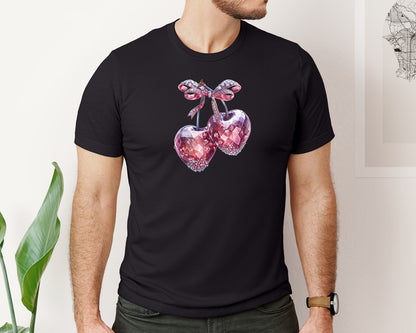 brand:Bella Canvas|color:Black|Valentine Cherry Rhinestone Cherry Graphic T-Shirt