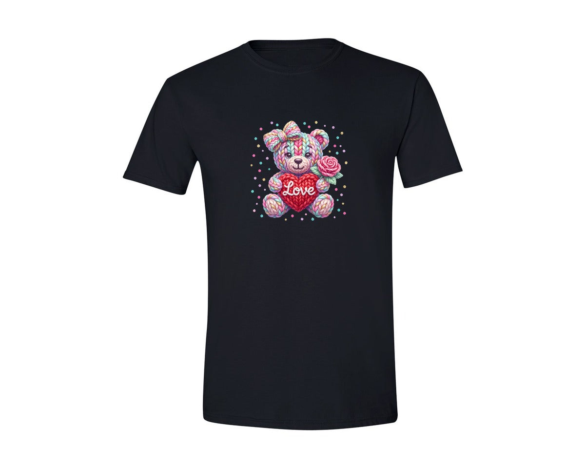 brand:Generic|color:Black|Faux Yarn Teddy Bear Valentines Day Graphic T-Shirt
