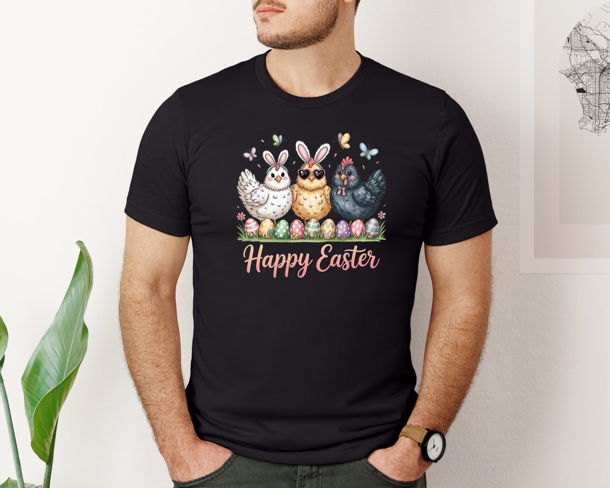 brand:Bella Canvas|color:Black|Happy Easter Day Chicken Bunny Graphic T-Shirt