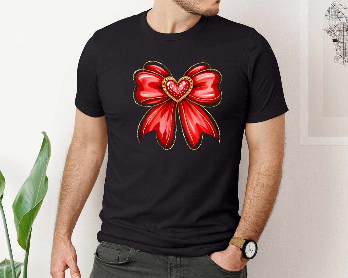 brand:Bella Canvas|color:Black|Valentine Coquette Glitter Heart Bow Graphic T-Shirt