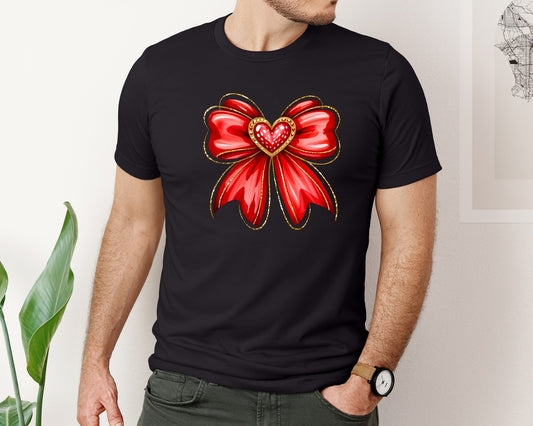 Valentine Coquette Glitter Heart Bow Graphic T-Shirt