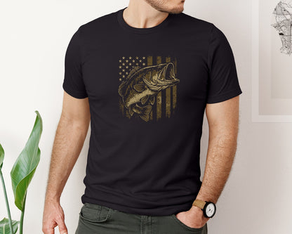 brand:Bella Canvas|color:Black|Vintage American Flag And Bass Fishing Graphic T-Shirt