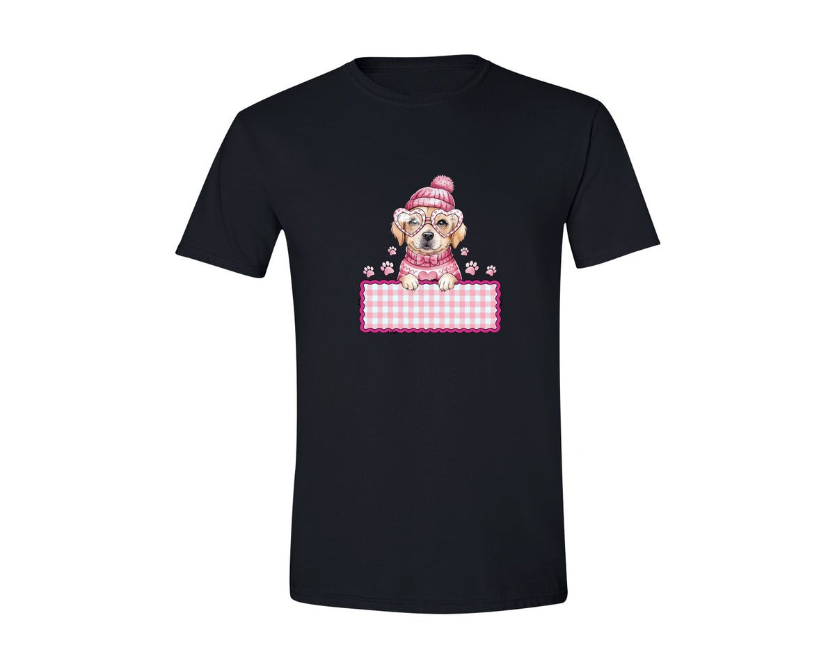 brand:Generic|color:Black|Cute Dog Valentine Pink Gingham Graphic T-Shirt