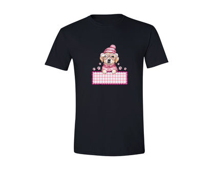 brand:Generic|color:Black|Cute Dog Valentine Pink Gingham Graphic T-Shirt