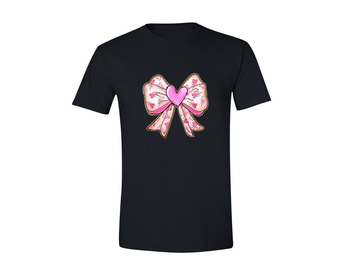 brand:Generic|color:Black|Coquette Bow Heart Glitter Valentines Graphic T-Shirt