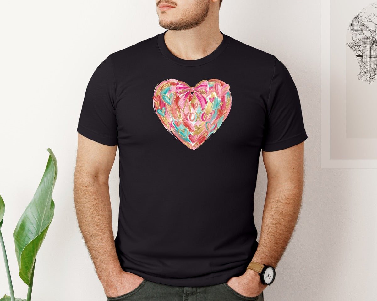 brand:Bella Canvas|color:Black|Valentine Brushstroke Love Heart Xoxo Graphic T-Shirt