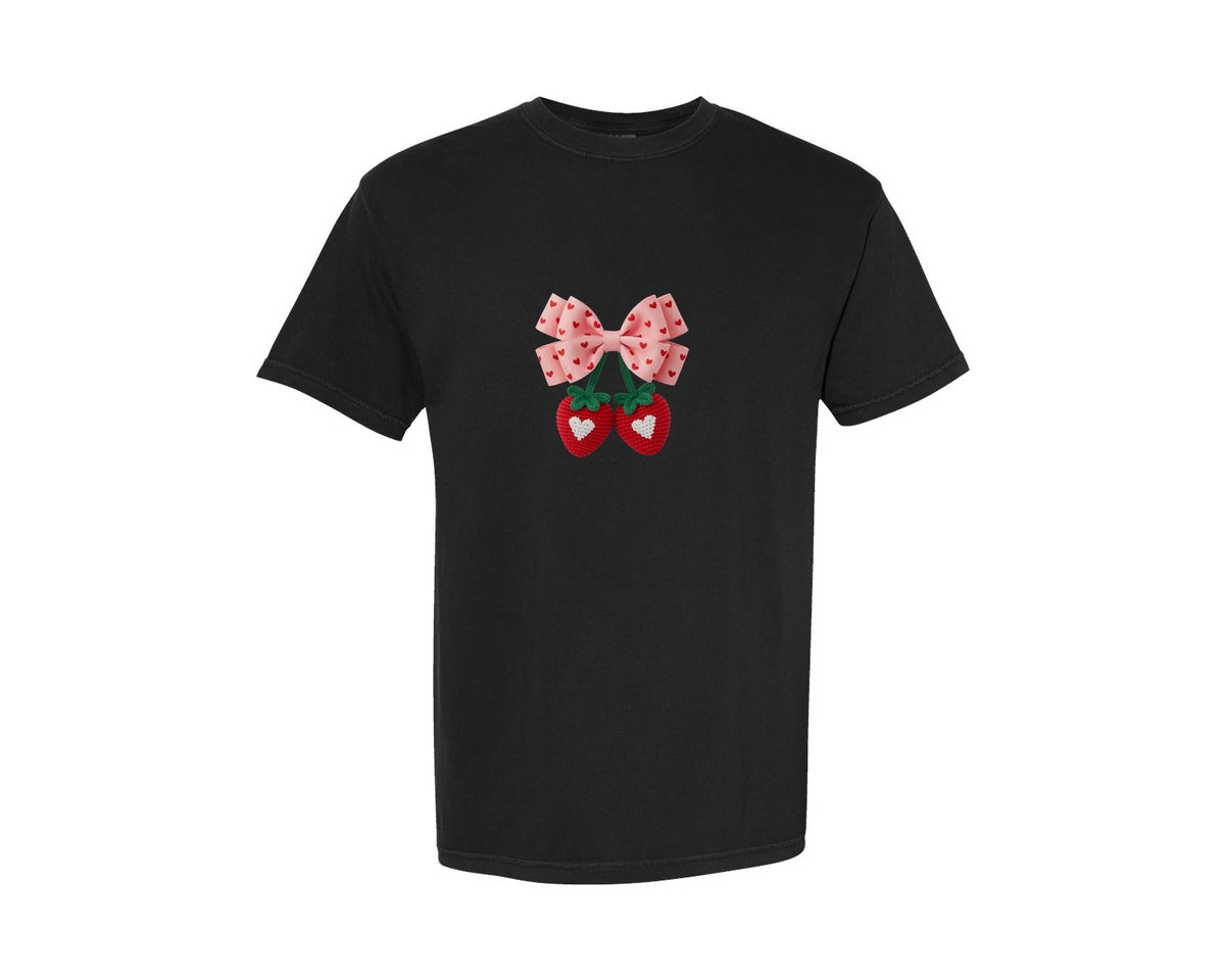 brand:Comfort Colors|color:Black|Faux Yarn Crochet Strawberry Bow 3 Graphic T-Shirt