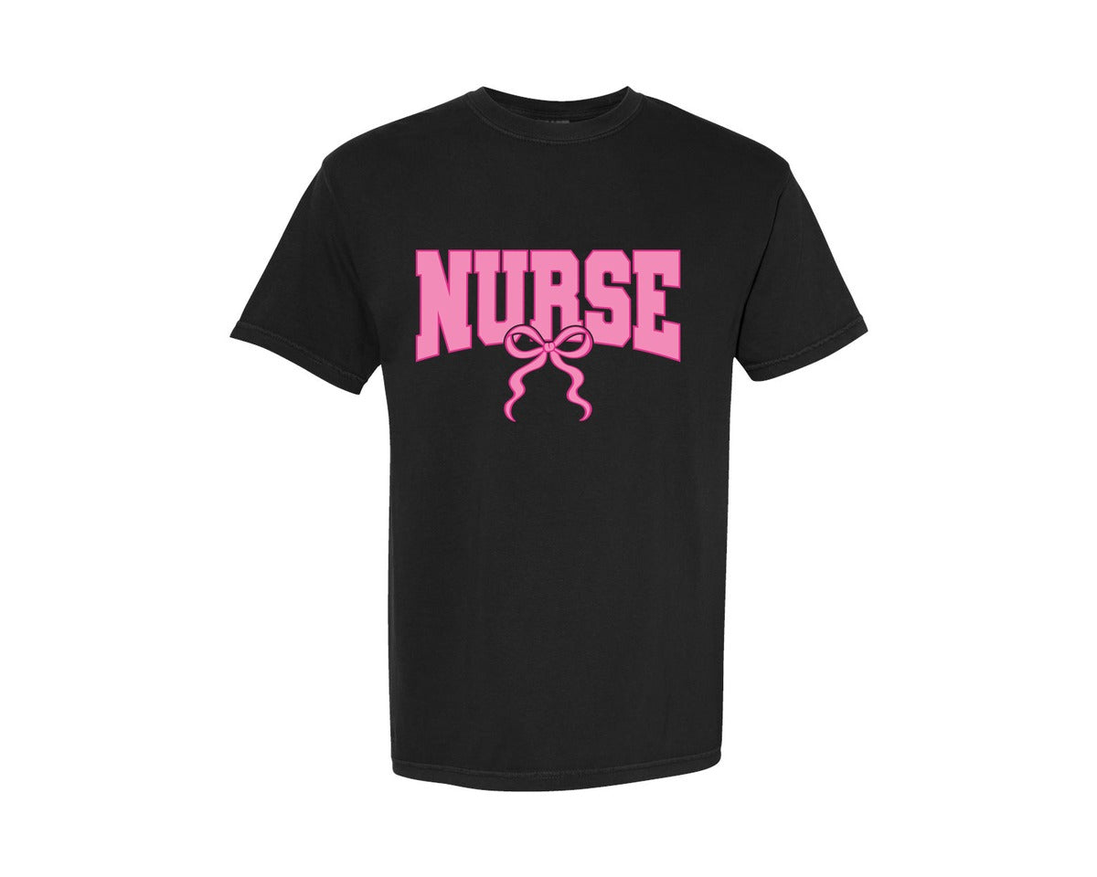 brand:Comfort Colors|color:Black|Coquette Nurse Pink Bow Nurse Life Graphic T-Shirt