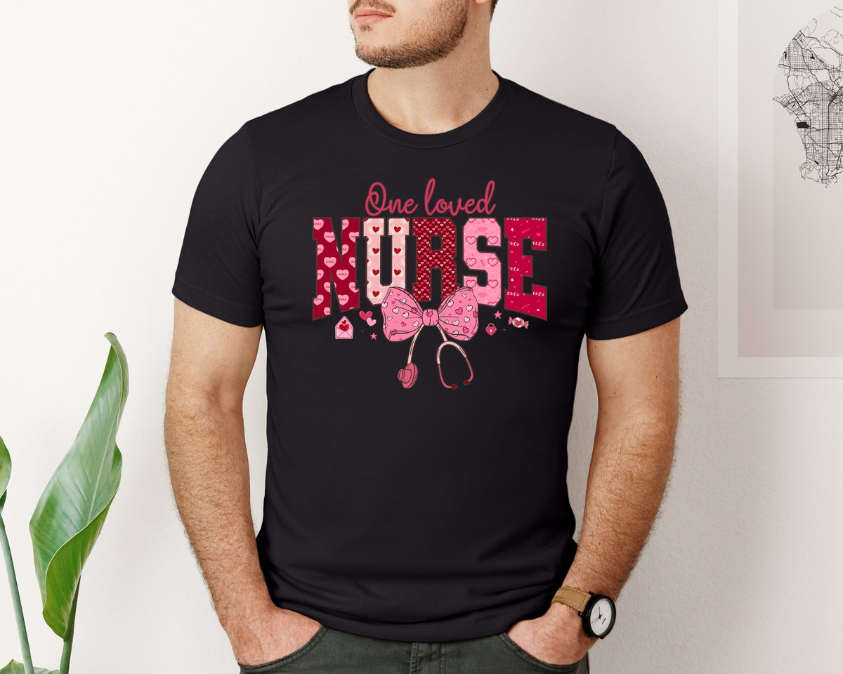 brand:Bella Canvas|color:Black|Coquette Nurse Valentine One Loved Nurse Graphic T-Shirt
