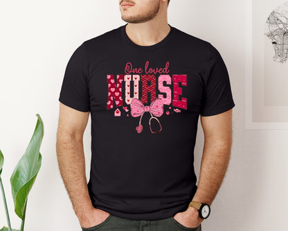 brand:Bella Canvas|color:Black|Coquette Nurse Valentine One Loved Nurse Graphic T-Shirt