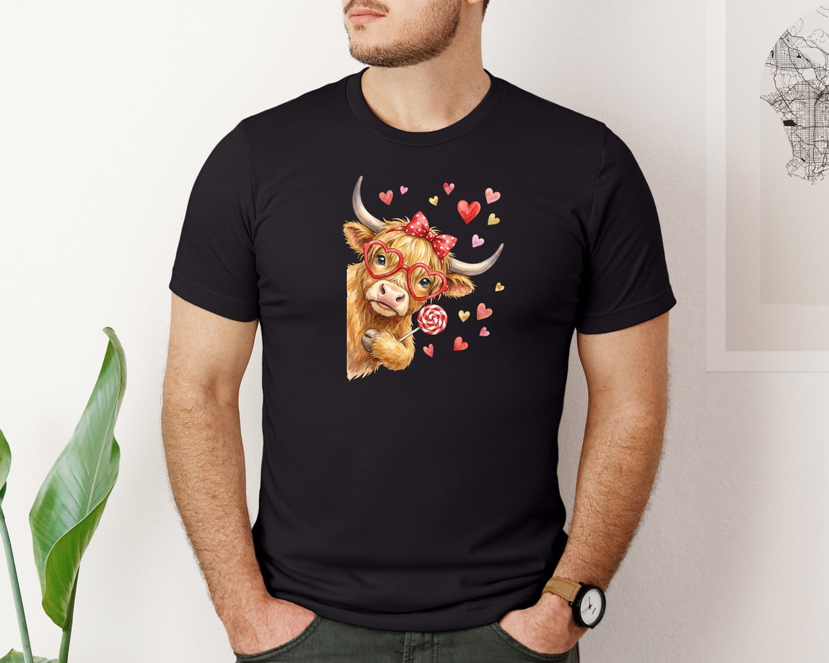 brand:Bella Canvas|color:Black|Cute Highland Cow Valentines Day 5 Graphic T-Shirt