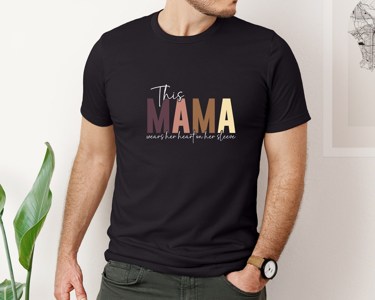 brand:Bella Canvas|color:Black|This Mama Wears Her Heart On Her Sleeve 64 Graphic T-Shirt