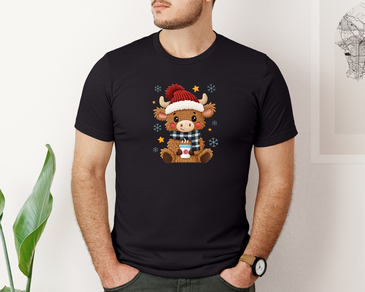 brand:Bella Canvas|color:Black|Crochet Yarn Christmas Highland Cow 10 Graphic T-Shirt