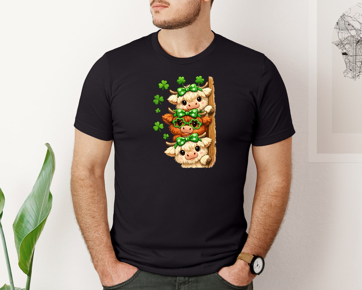 brand:Bella Canvas|color:Black|Cute St Patricks Day Highland Cow 2 Graphic T-Shirt