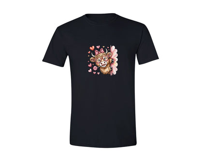 brand:Generic|color:Black|Valentines Day Highland Cow Hearts Graphic T-Shirt