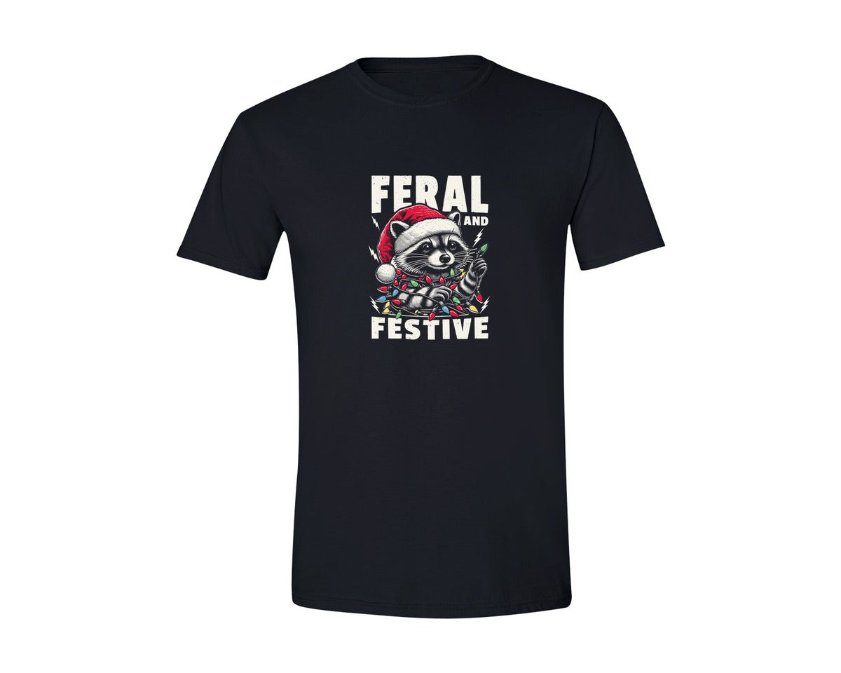 brand:Generic|color:Black|Feral And Festive Christmas Raccoon Graphic T-Shirt