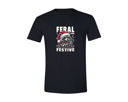 brand:Generic|color:Black|Feral And Festive Christmas Raccoon Graphic T-Shirt