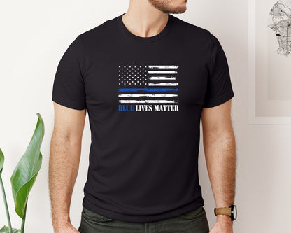 brand:Bella Canvas|color:Black|Blue Lives Matter Blue Line Usa Flag Graphic T-Shirt