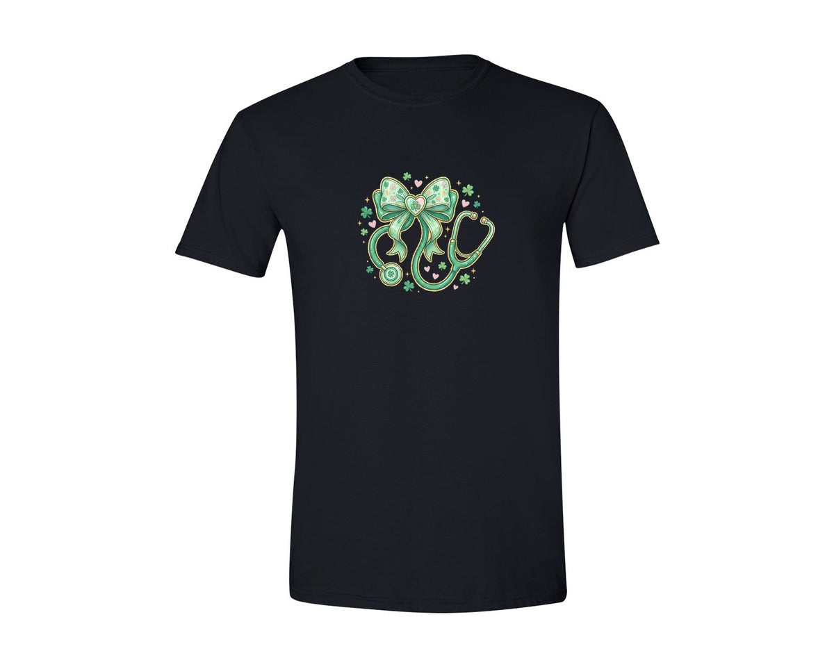 brand:Generic|color:Black|St Patricks Day Bow Stethoscope Graphic T-Shirt