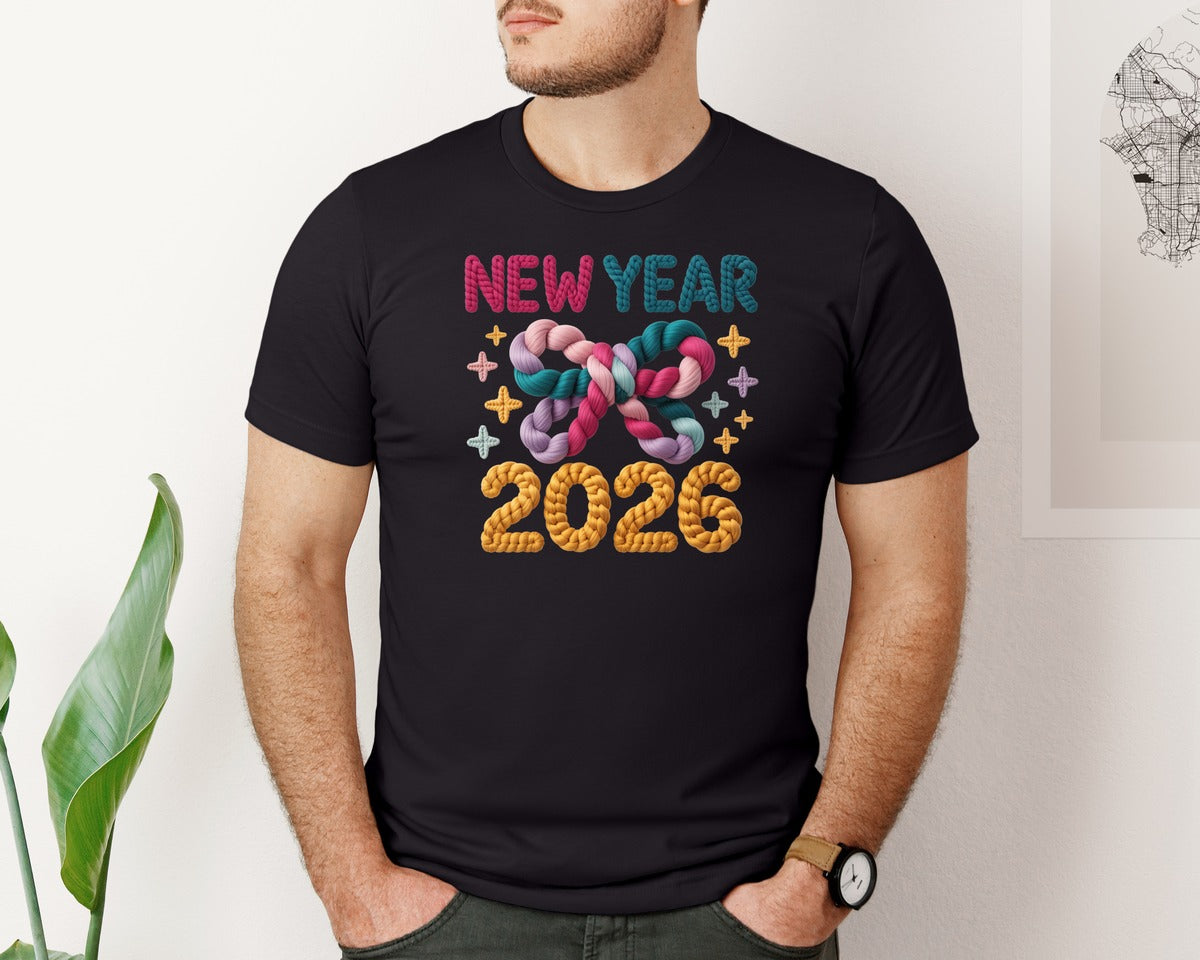 brand:Bella Canvas|color:Black|Happy New Year 2026 Braided Yarn Graphic T-Shirt