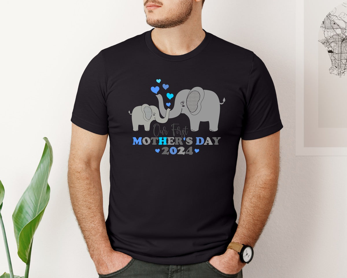 brand:Bella Canvas|color:Black|Our First Mothers Day Elephant Mom Baby Graphic T-Shirt