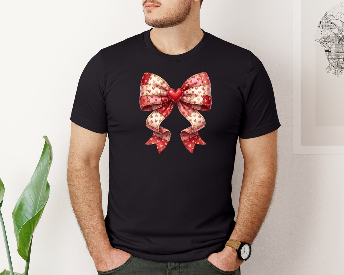 brand:Bella Canvas|color:Black|Valentine Patchwork Coquette Bow Graphic T-Shirt