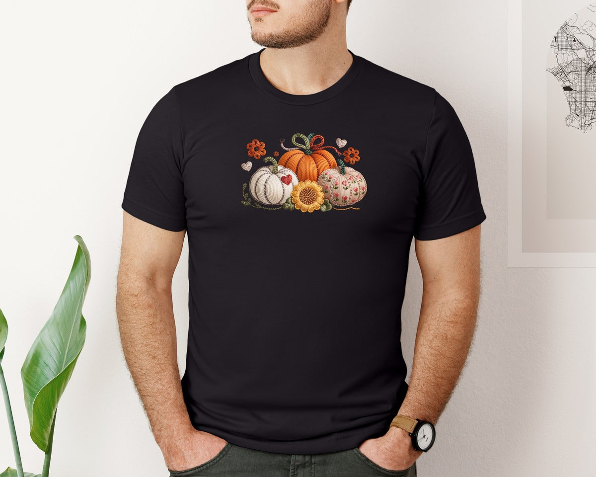 brand:Bella Canvas|color:Black|Faux Yarn Pumpkin Floral Pumpkin Graphic T-Shirt