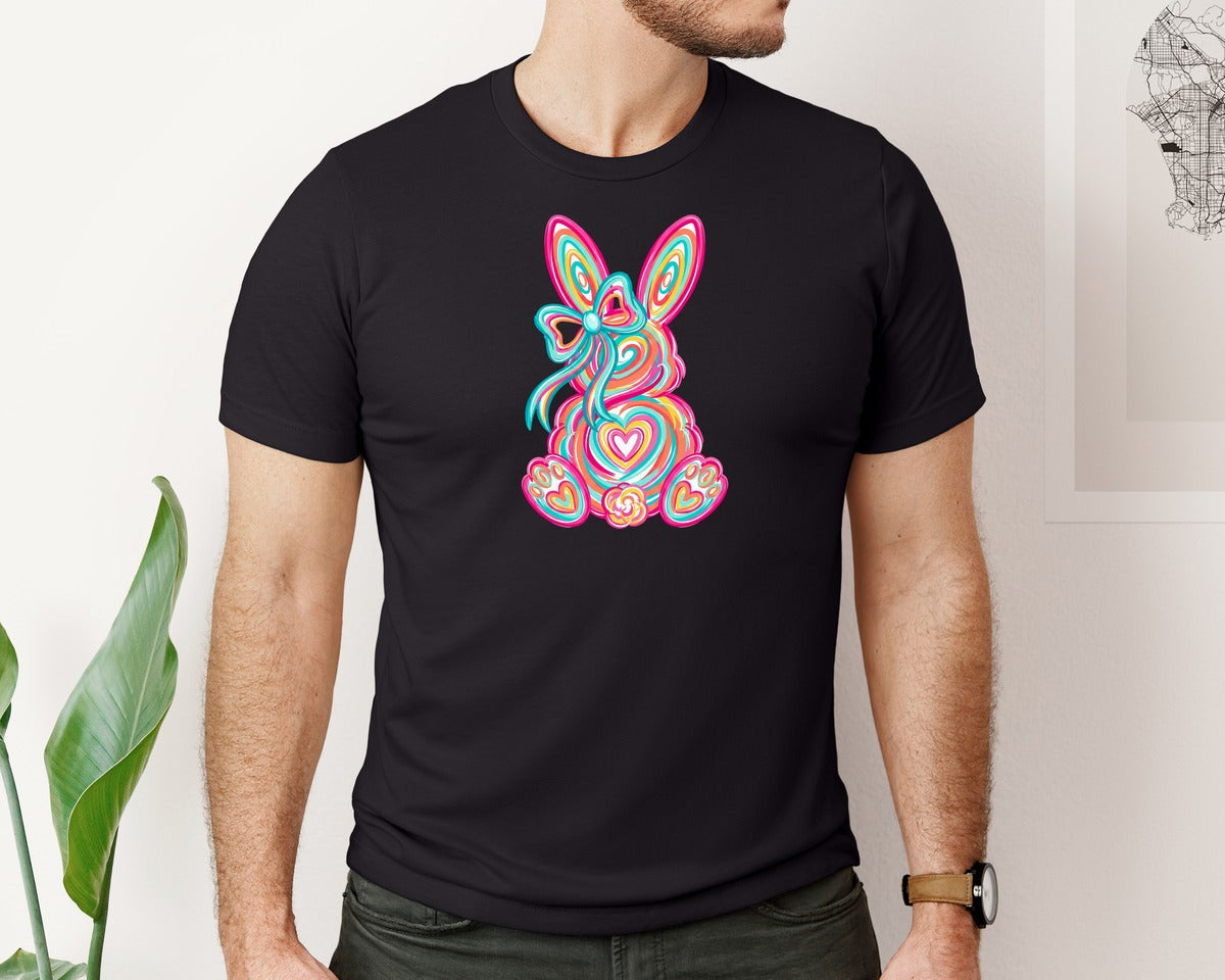 brand:Bella Canvas|color:Black|Preppy Coquette Bunny For Easter Graphic T-Shirt