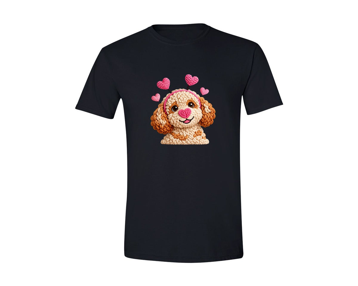 brand:Generic|color:Black|Faux Crochet Dog Valentines Day Graphic T-Shirt