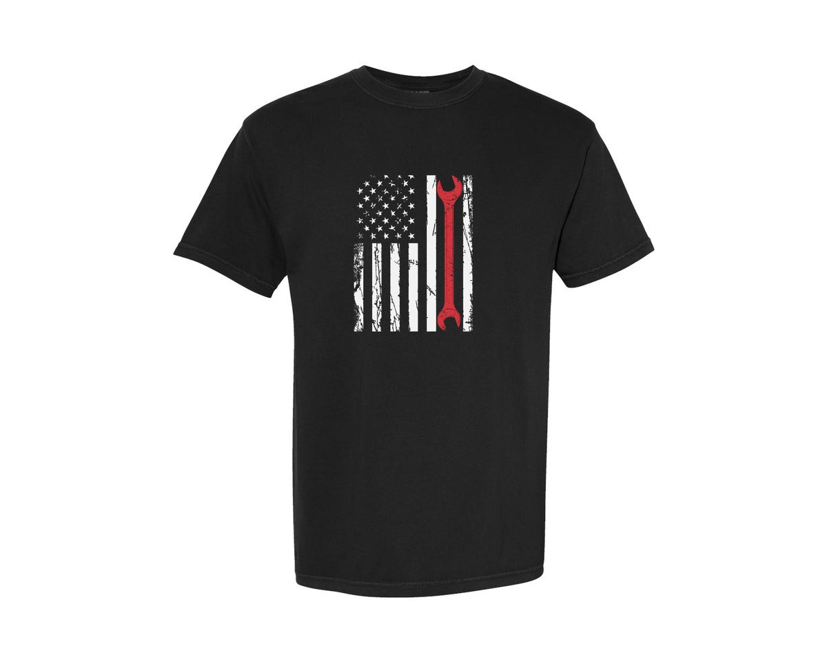 brand:Comfort Colors|color:Black|Mechanic With Us Flag T Shirt Design 2 Graphic T-Shirt