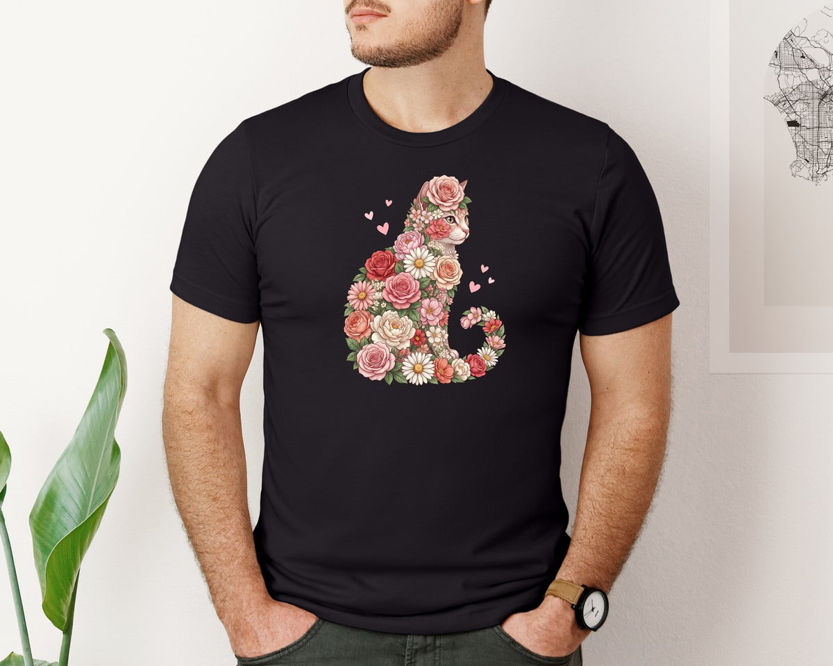 brand:Bella Canvas|color:Black|Floral Cat Illustration Rosesflower Graphic T-Shirt
