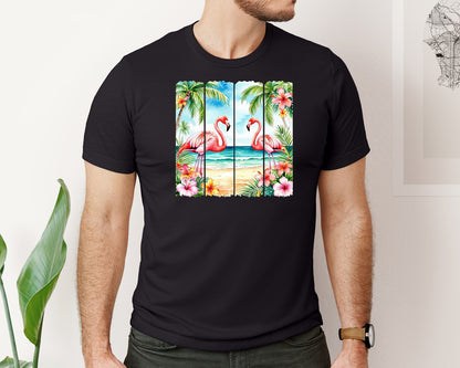 brand:Bella Canvas|color:Black|Sea Beach Flamingos Tropic Flowers Graphic T-Shirt