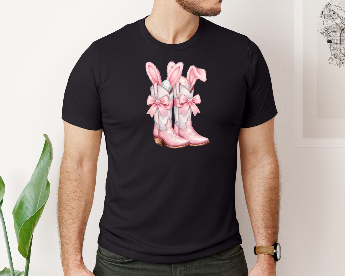 brand:Bella Canvas|color:Black|Howdy Western Easter Bunny Cowboy Boots Graphic T-Shirt