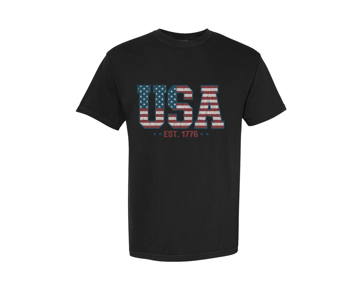 brand:Comfort Colors|color:Black|Retro Usa Est 1776 America 4Th Of July Graphic T-Shirt