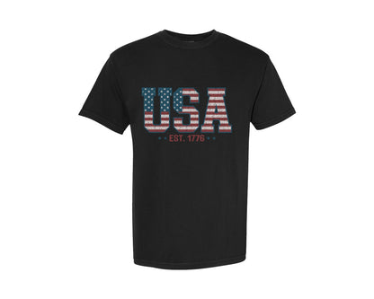 brand:Comfort Colors|color:Black|Retro Usa Est 1776 America 4Th Of July Graphic T-Shirt
