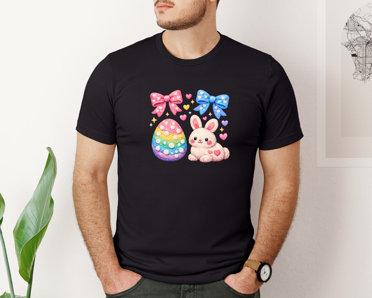 brand:Bella Canvas|color:Black|Preppy Easter Egg Bunny Bow 2 Graphic T-Shirt