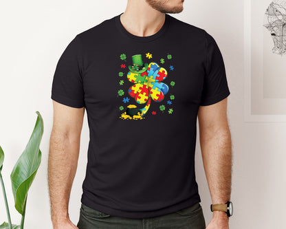 brand:Bella Canvas|color:Black|Autism Clover Leprechaun Graphic T-Shirt