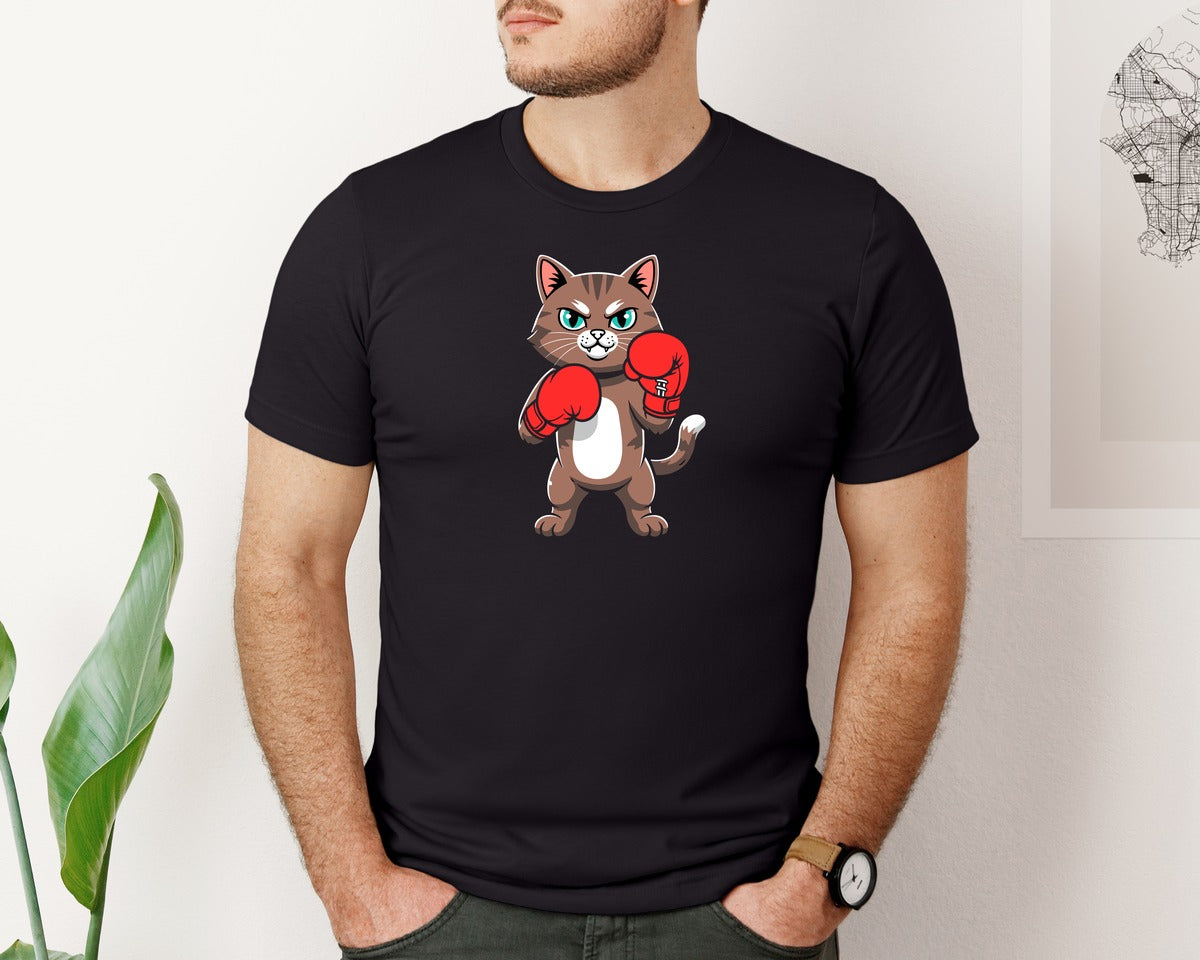 brand:Bella Canvas|color:Black|Funny Boxer Cat T Shirt Cartoon Tee Graphic T-Shirt