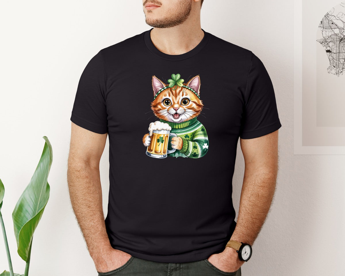 brand:Bella Canvas|color:Black|St Patricks Day Cat Funny Cat Beer Graphic T-Shirt